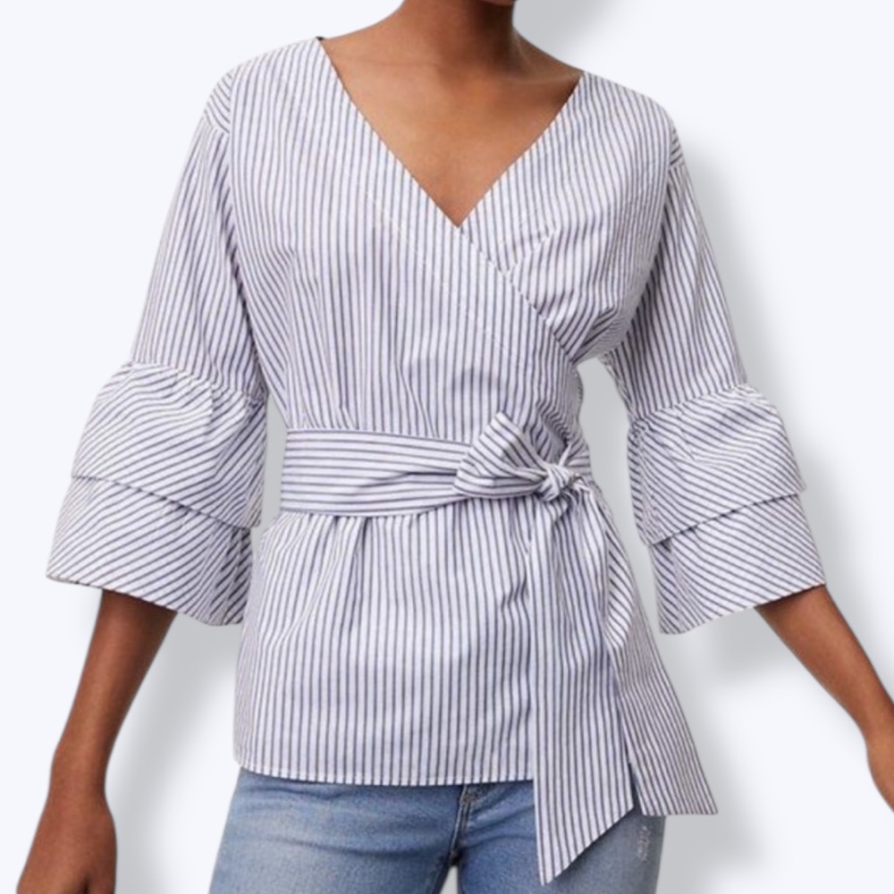 Loft blue and white striped wrap blouse